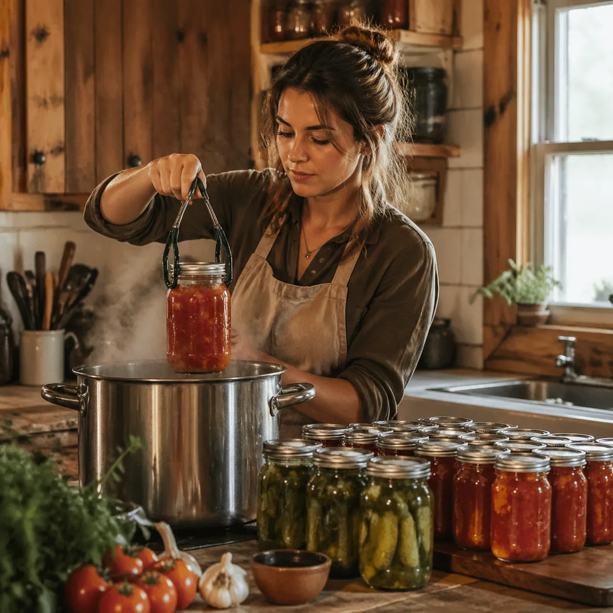 Warm editorial photo of a young woman lifting a Mason jar from a steaming canning pot with tongs, rows of preserved toma