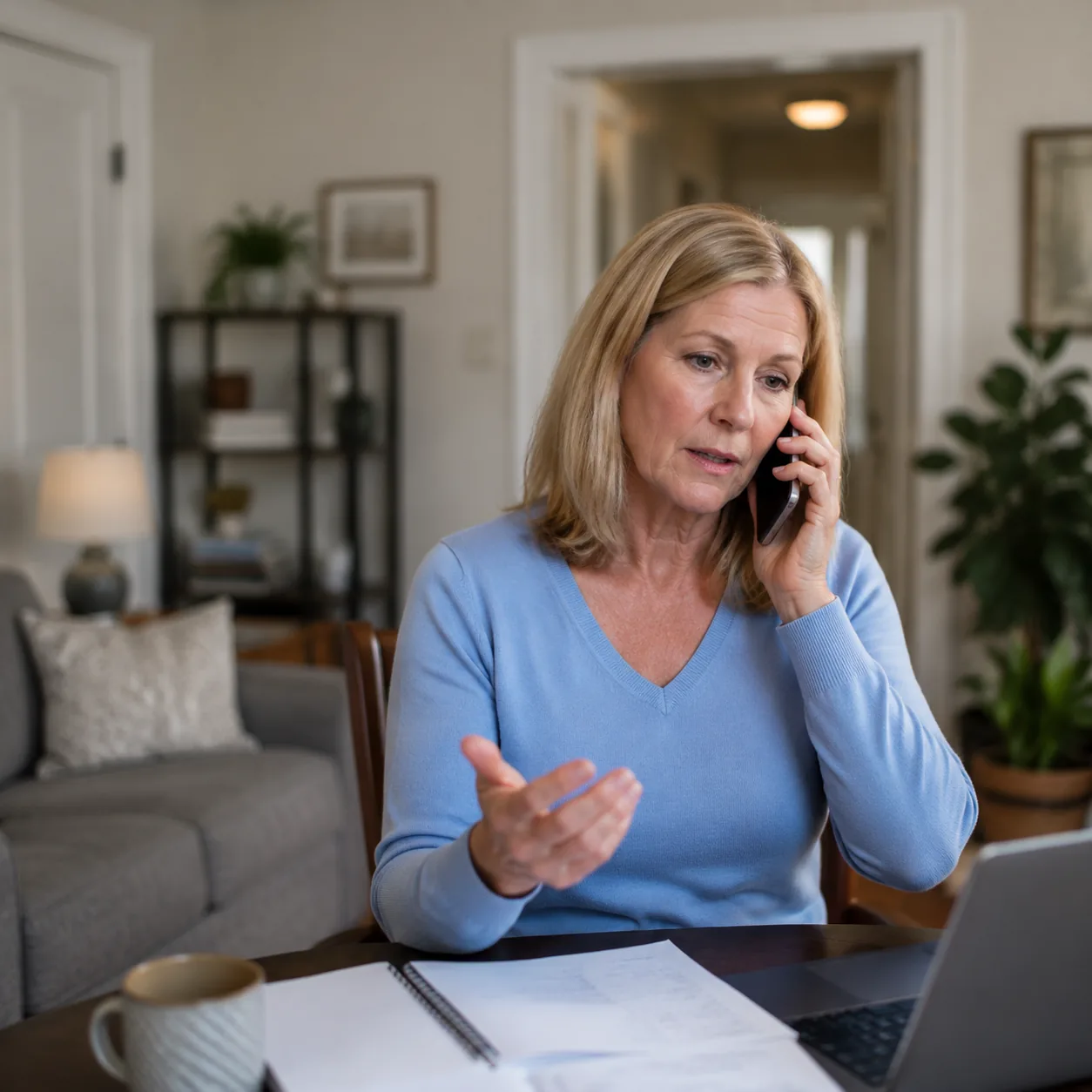 adult child on phone coordinating doctor visit from assisted living apartment, realistic editorial lifestyle photography