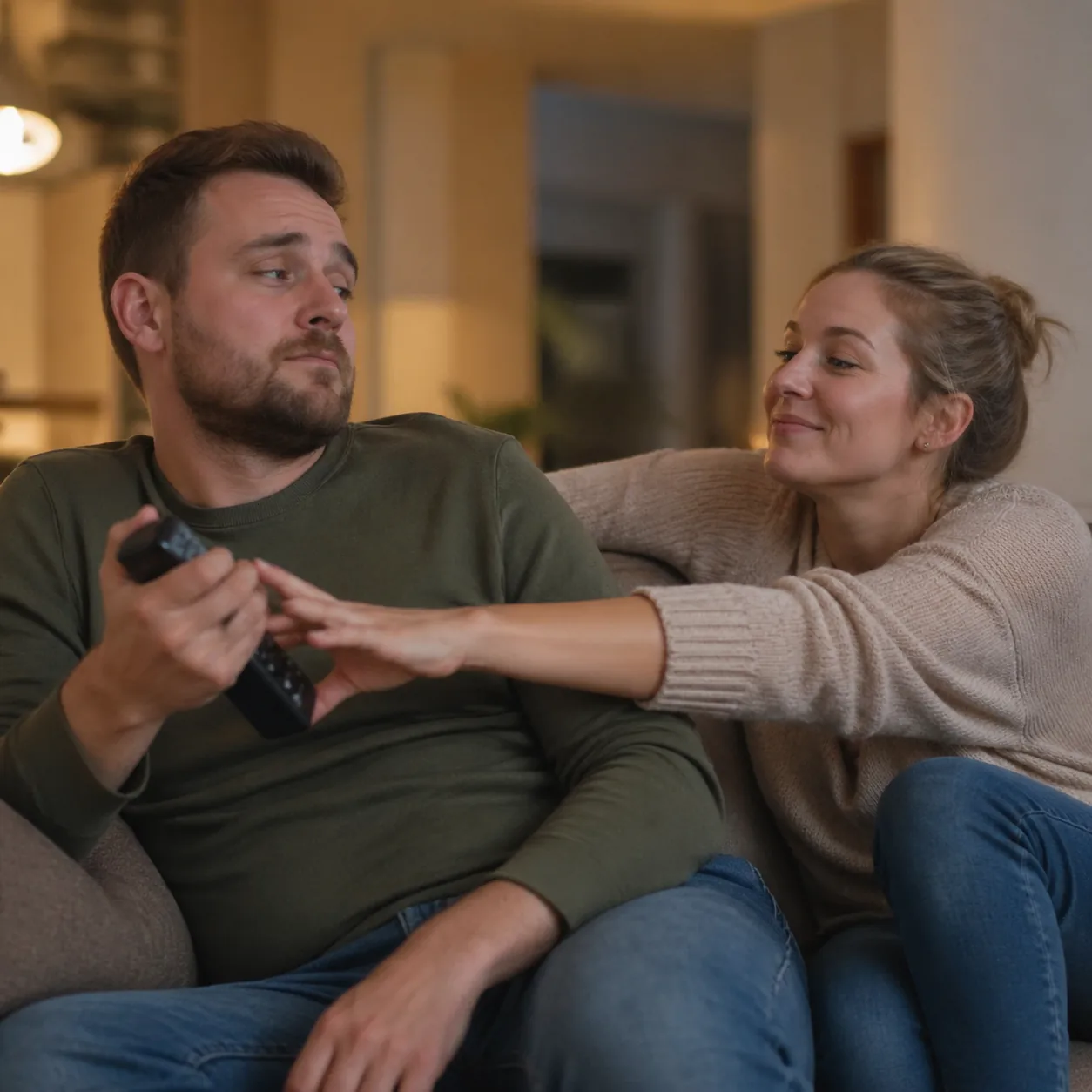 Cozy realistic lifestyle photo of a husband holding a TV remote firmly while his wife reaches toward it with a teasing e