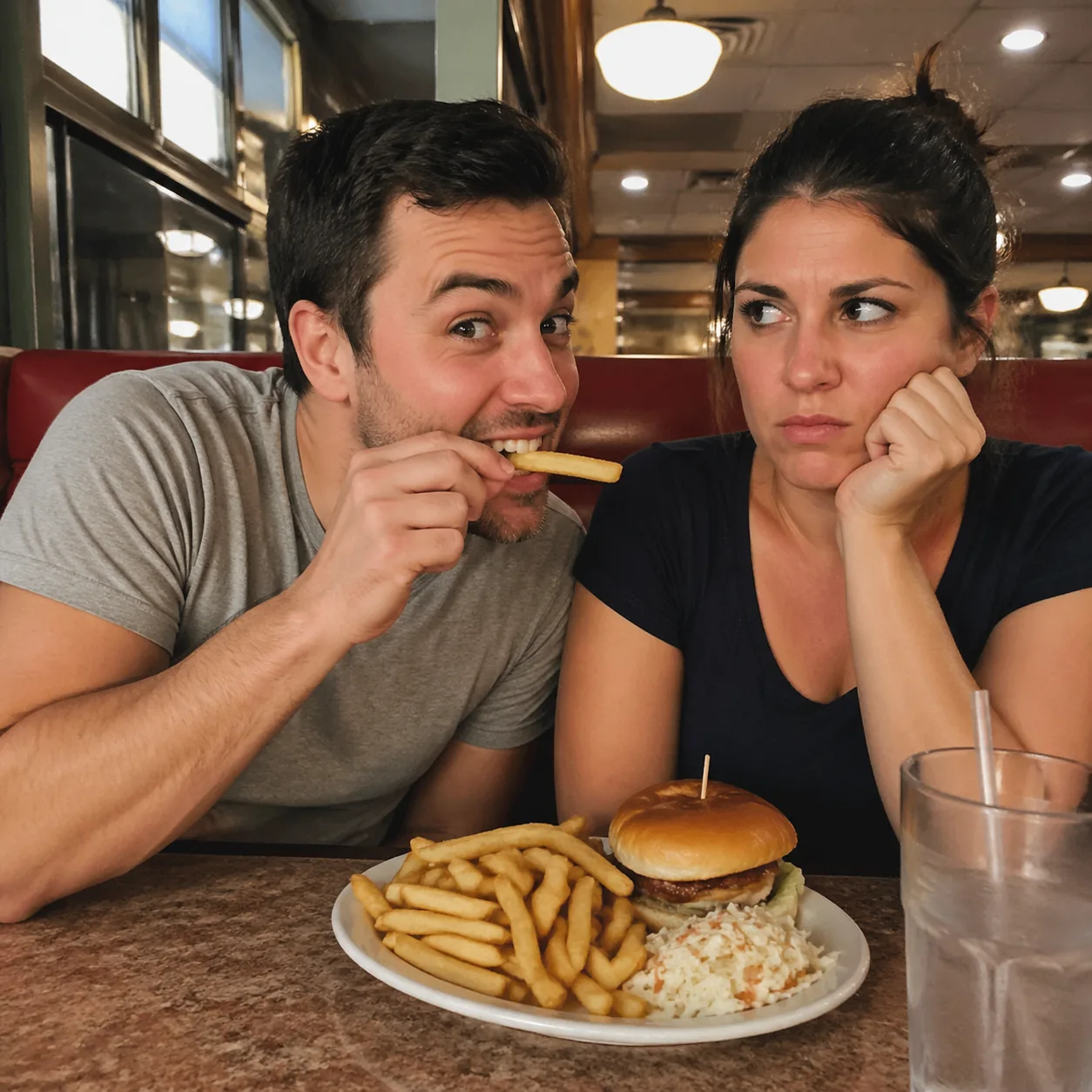 Funny realistic lifestyle photo of a husband eating fries off his wife's plate at a diner while smiling innocently