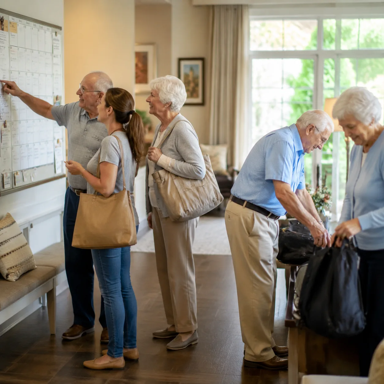 older residents preparing for assisted living outing while family checks activity calendar, realistic editorial lifestyl