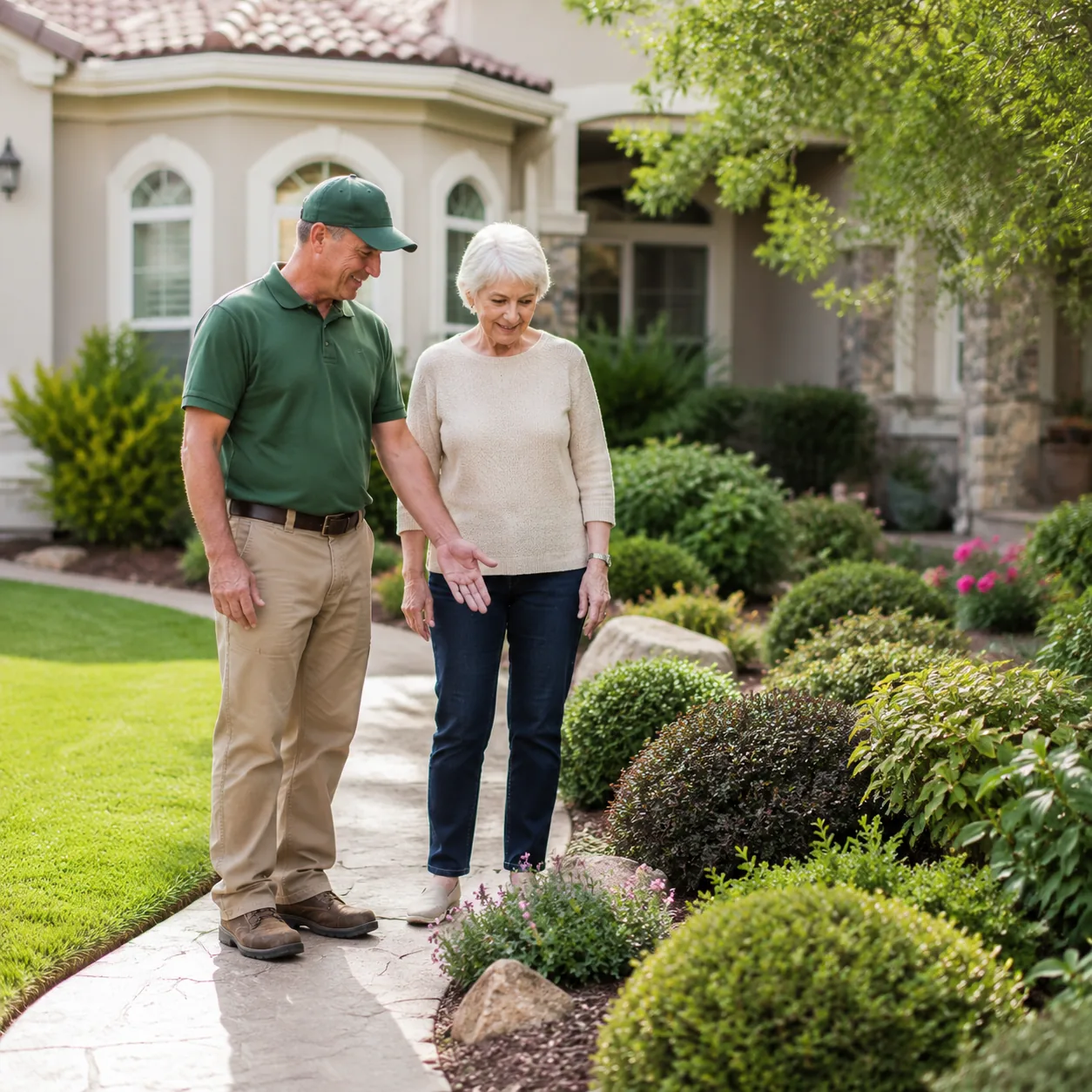 older woman inspecting manicured front yard with landscaper in 55 plus neighborhood, realistic editorial lifestyle photo