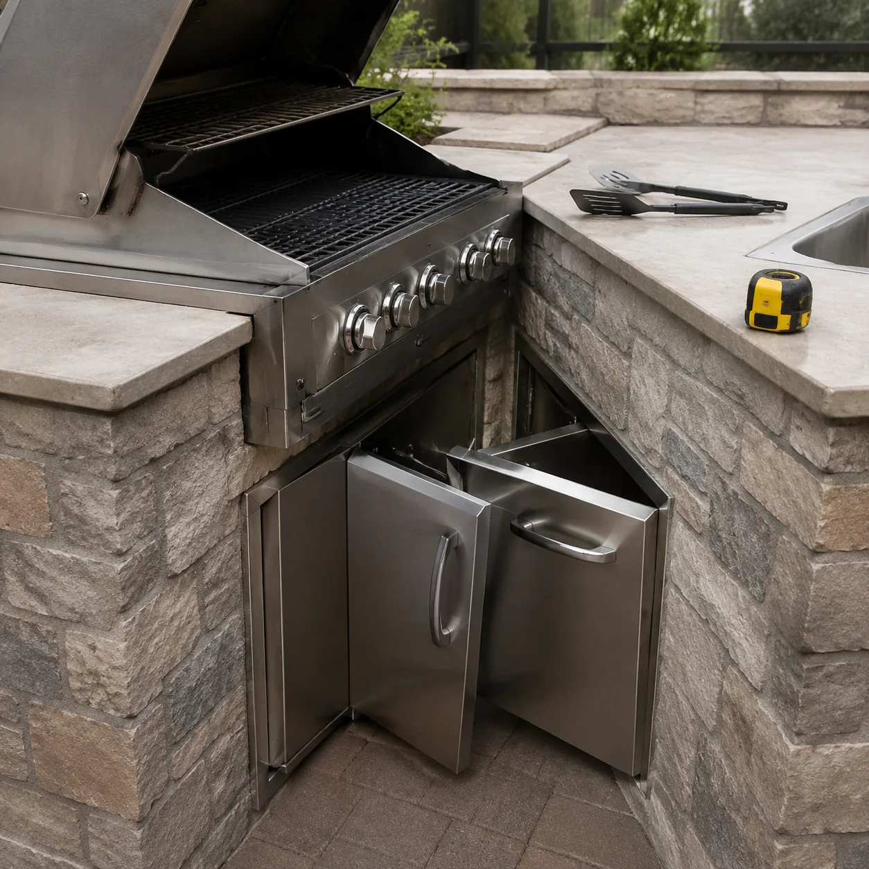 Realistic editorial outdoor kitchen photo with a grill lid open and cabinet doors colliding in a cramped stone island, m