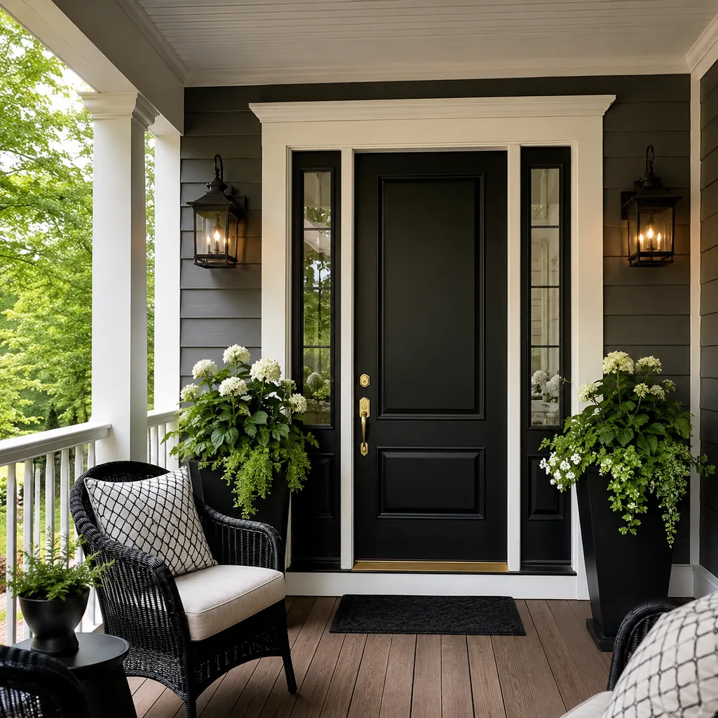 Realistic editorial photo of a black front door on an American home with trim, planters, hardware, and porch details showing furniture angled for conversation