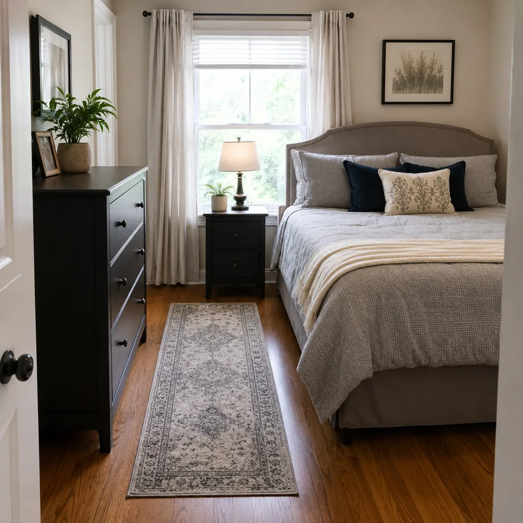 Realistic editorial photo of a compact American bedroom with bed, nightstands, window, dresser, and tight walkways showing clear walkway through the room