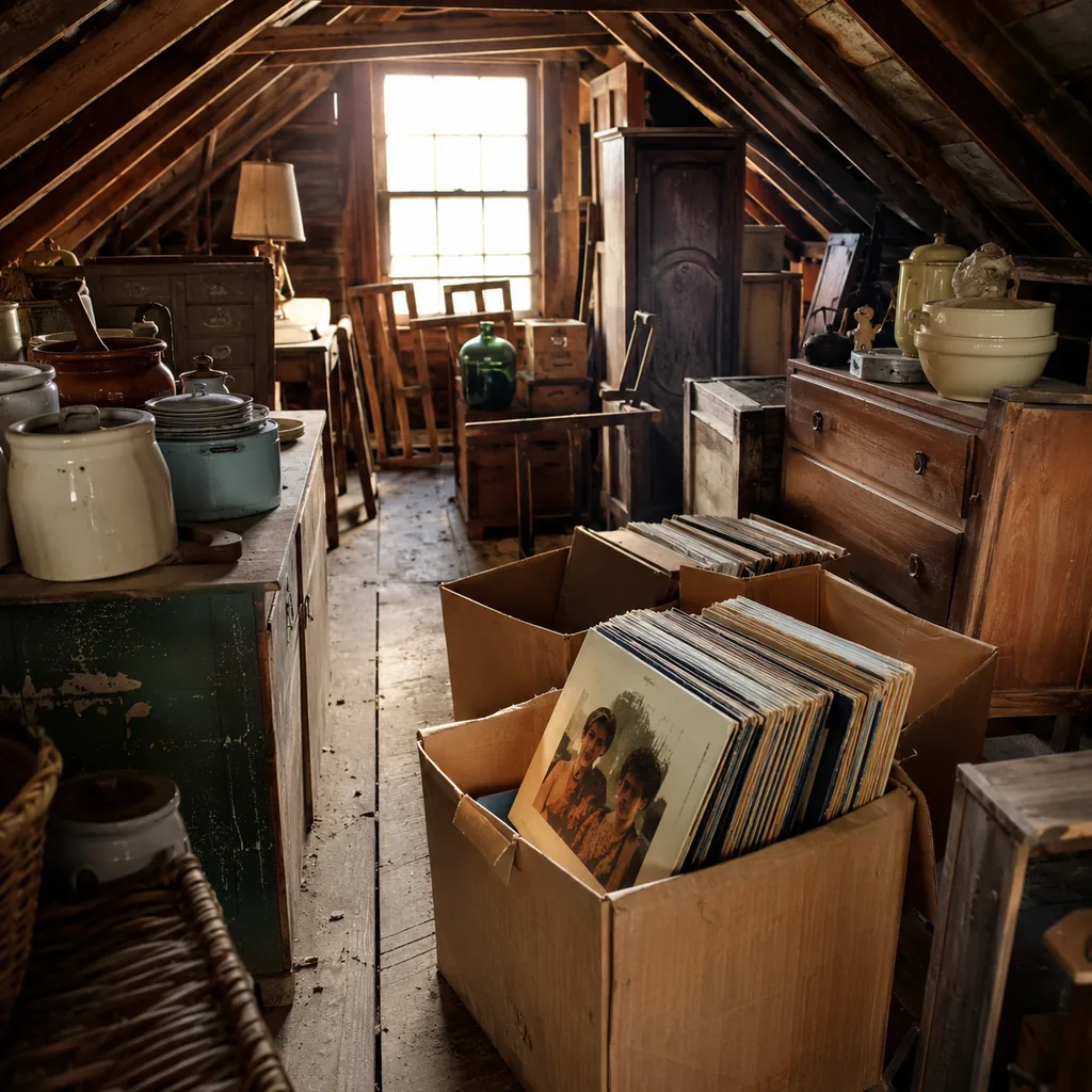 Realistic editorial photo of a dusty attic with boxes, old furniture, vintage kitchenware, and warm window light showing vinyl records in good sleeves