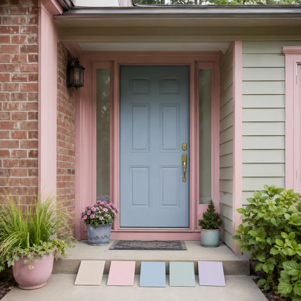 Realistic editorial photo of a front entry with door paint samples, brick, siding, plants, and trim showing too many pastels without grounding