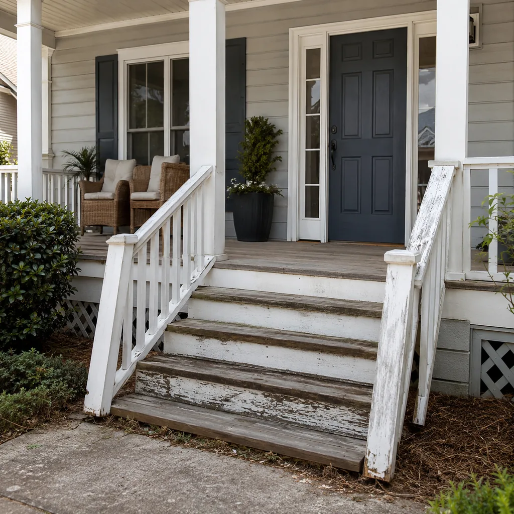 Realistic editorial photo of a front porch prepared for a home showing with steps, door, railings, seating, and curb appeal issues showing loose railings on ste