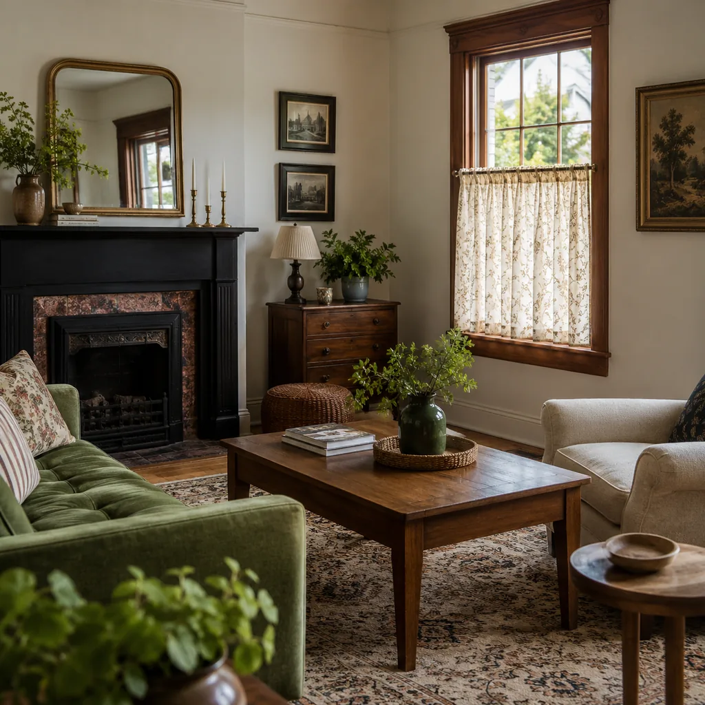 Realistic editorial photo of a home interior with vintage decor, modern furniture, warm wood, patterned accents, and layered lighting showing cafe curtains in t