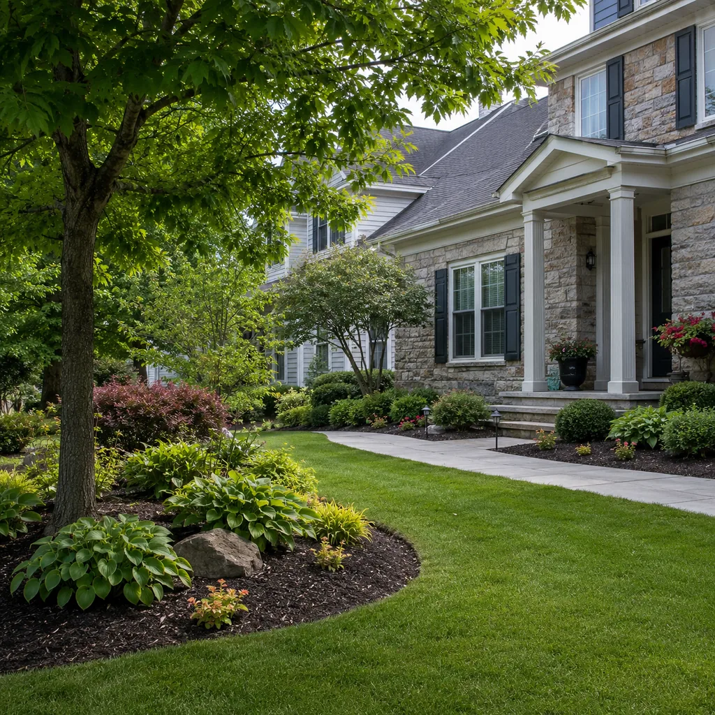 Realistic editorial photo of a landscaped American front yard with lawn, shrubs, mulch beds, trees, walkway, and house exterior showing front yard beds with ran