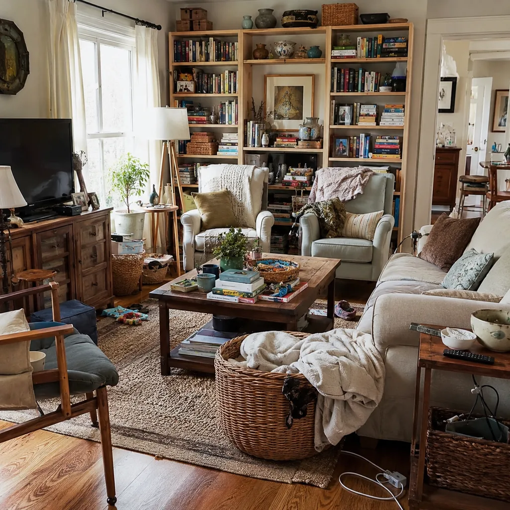 Realistic editorial photo of a living room with crowded surfaces, extra chairs, baskets, blankets, cords, and storage furniture showing books kept only because 