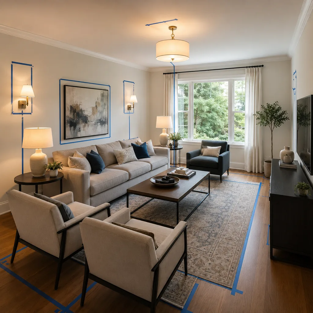 Realistic editorial photo of a living room with sofa, chairs, rug, TV, windows, and taped layout marks showing layered lighting at three heights
