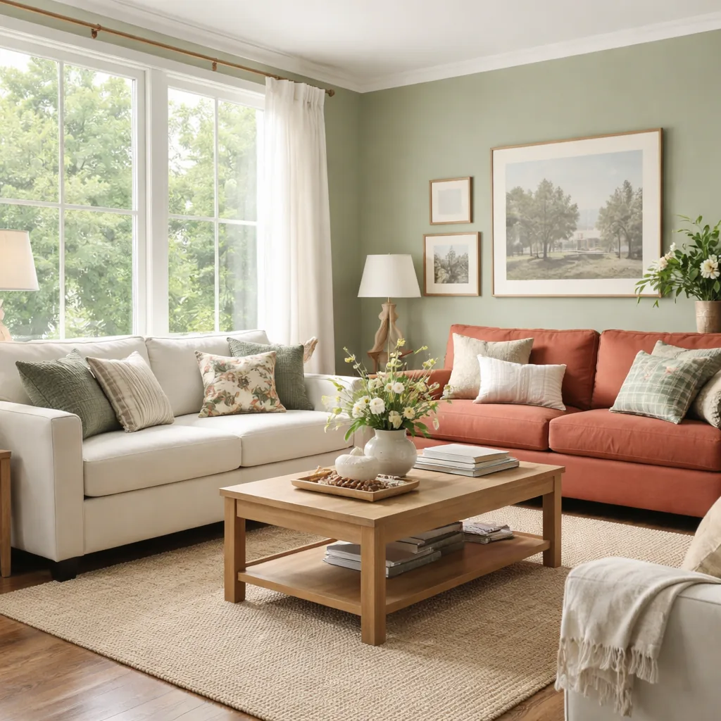 Realistic editorial photo of a living room with sofas in different upholstery colors, pillows, wall paint, and daylight showing comeback color used too literall