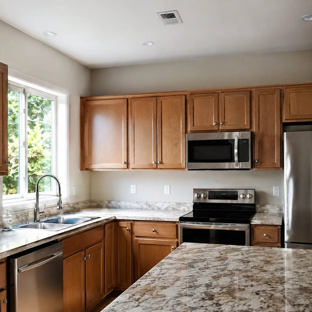 Realistic editorial photo of a realistic American kitchen with sink, cabinets, appliances, counters, and inspection details showing upper cabinets that stop sho