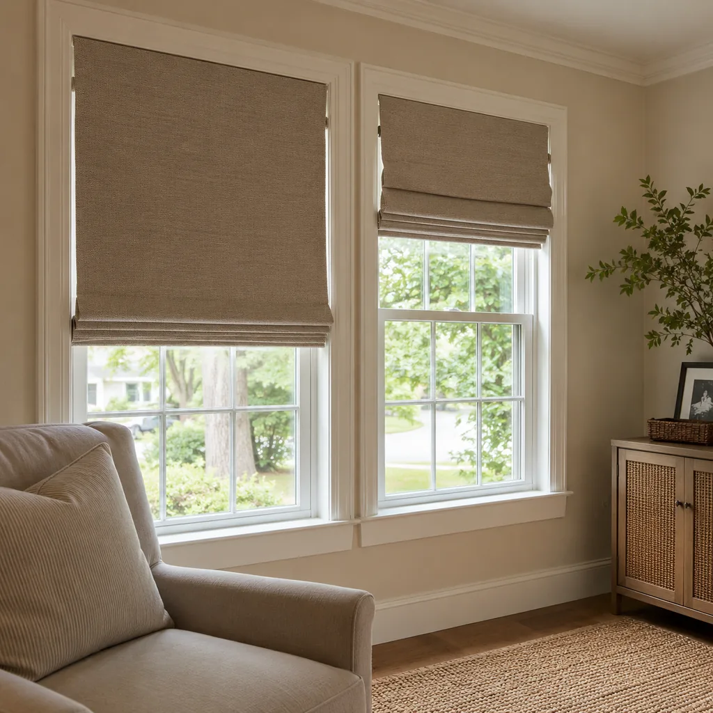 Realistic editorial photo of a room with windows, shades, shutters, woven panels, privacy film, and soft natural light showing roman shades mounted too low