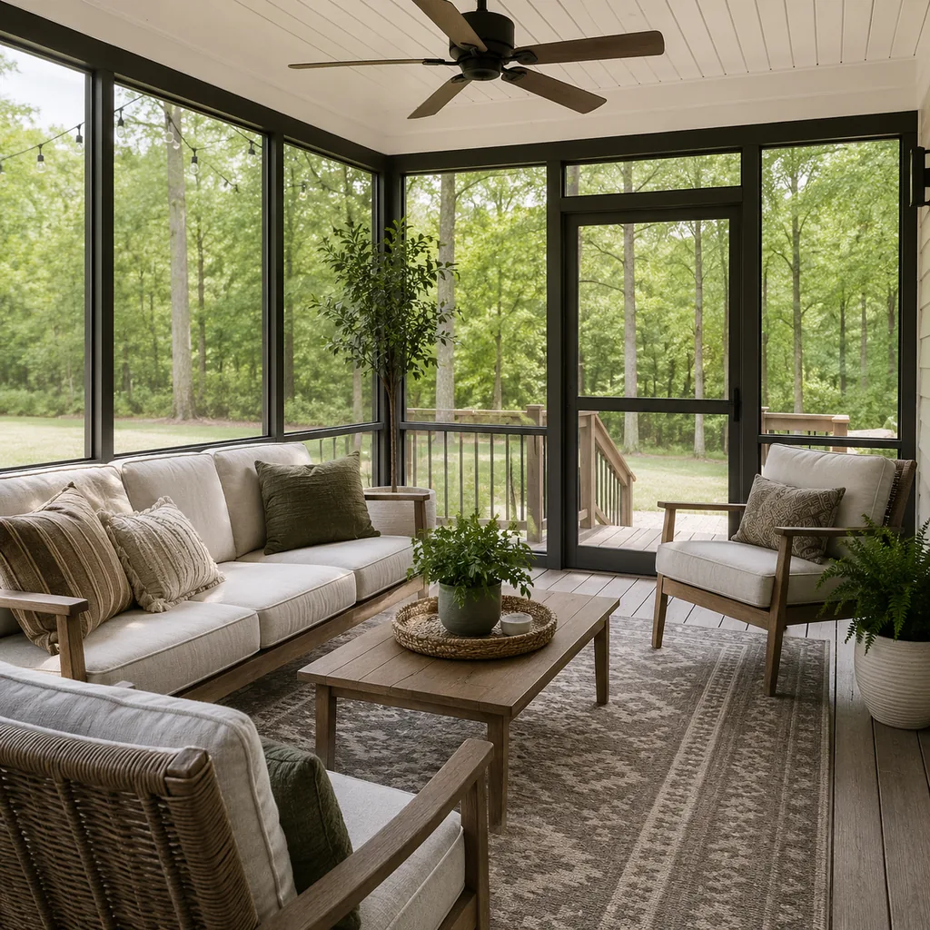 Realistic editorial photo of a screened porch with sofa, chairs, rug, plants, ceiling fan, screens, and soft daylight showing outdoor rug that survives rain