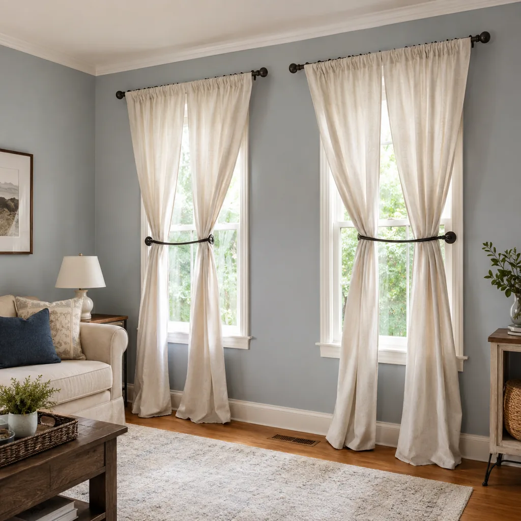 Realistic editorial photo of a small American room with windows, curtains, rods