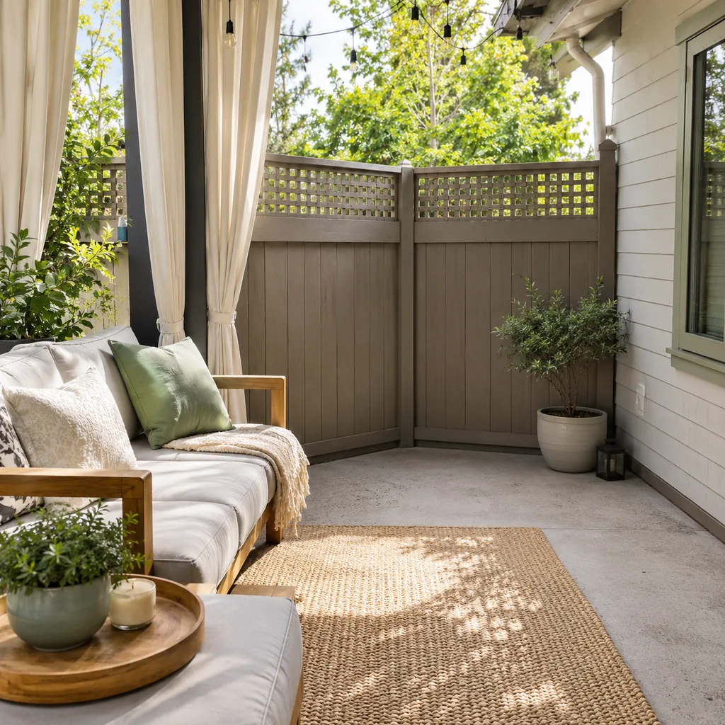 Realistic editorial photo of a small patio with compact seating, outdoor rug, plants, side table, curtains, and privacy screen showing bare corner that needs a
