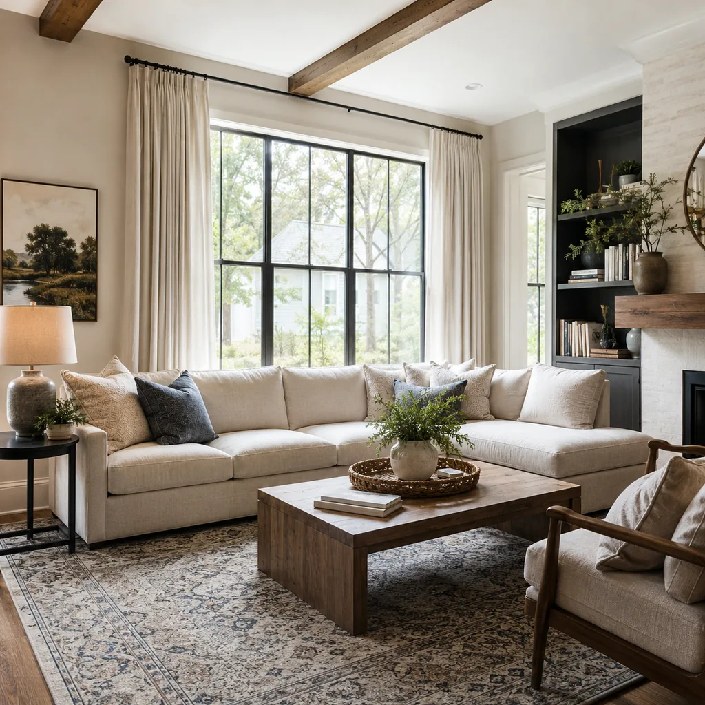 Realistic editorial photo of a staged American living room with sofa, rug, windows, lighting, and buyer-facing details showing curtains hung close to the ceilin