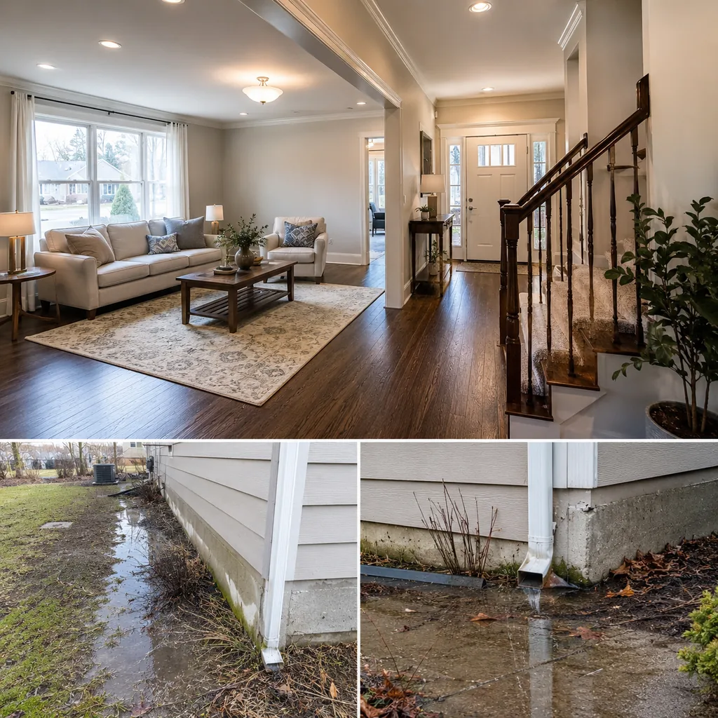 Realistic editorial photo of a staged home interior with living room, entry, lighting, furniture placement, and listing-photo details showing poor drainage besi