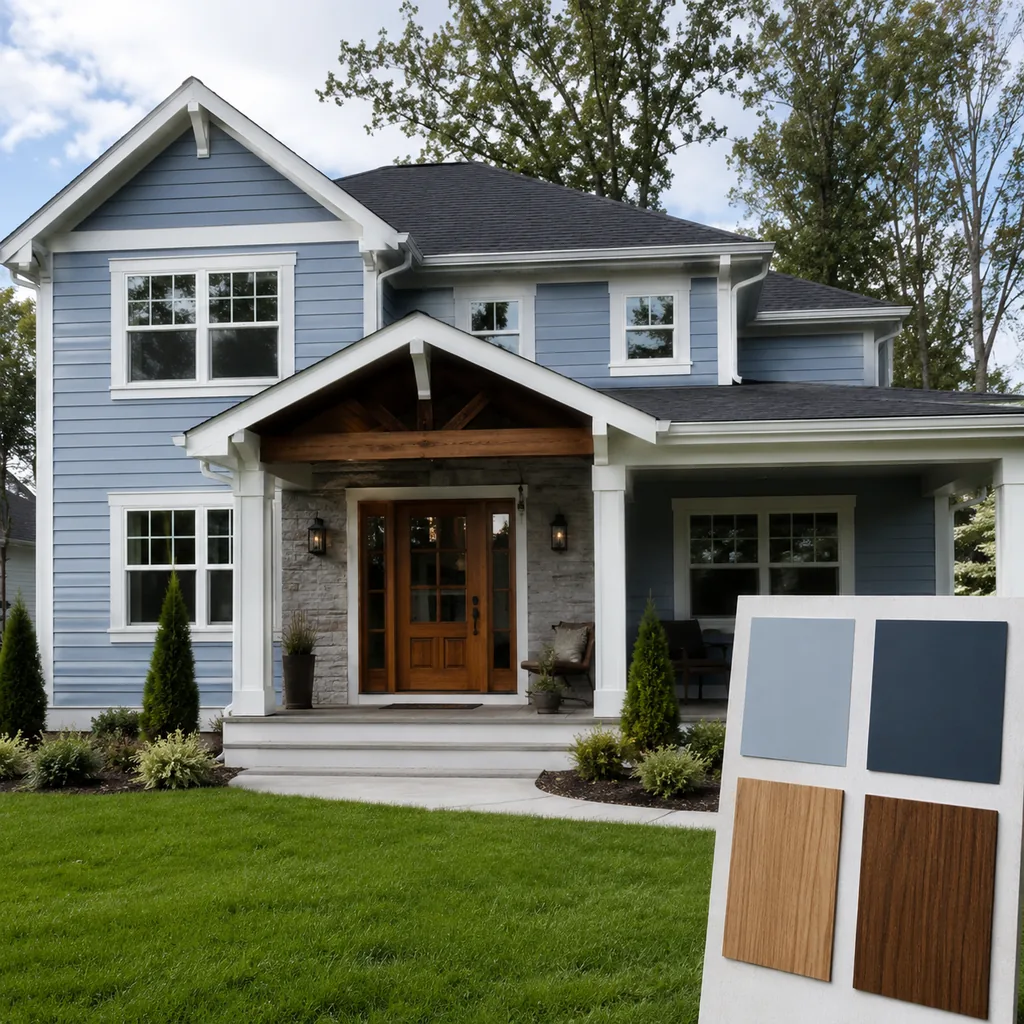 Realistic editorial photo of a suburban home exterior with siding, trim, roof, front door, lawn, and paint swatches showing soft blue that needs warm wood