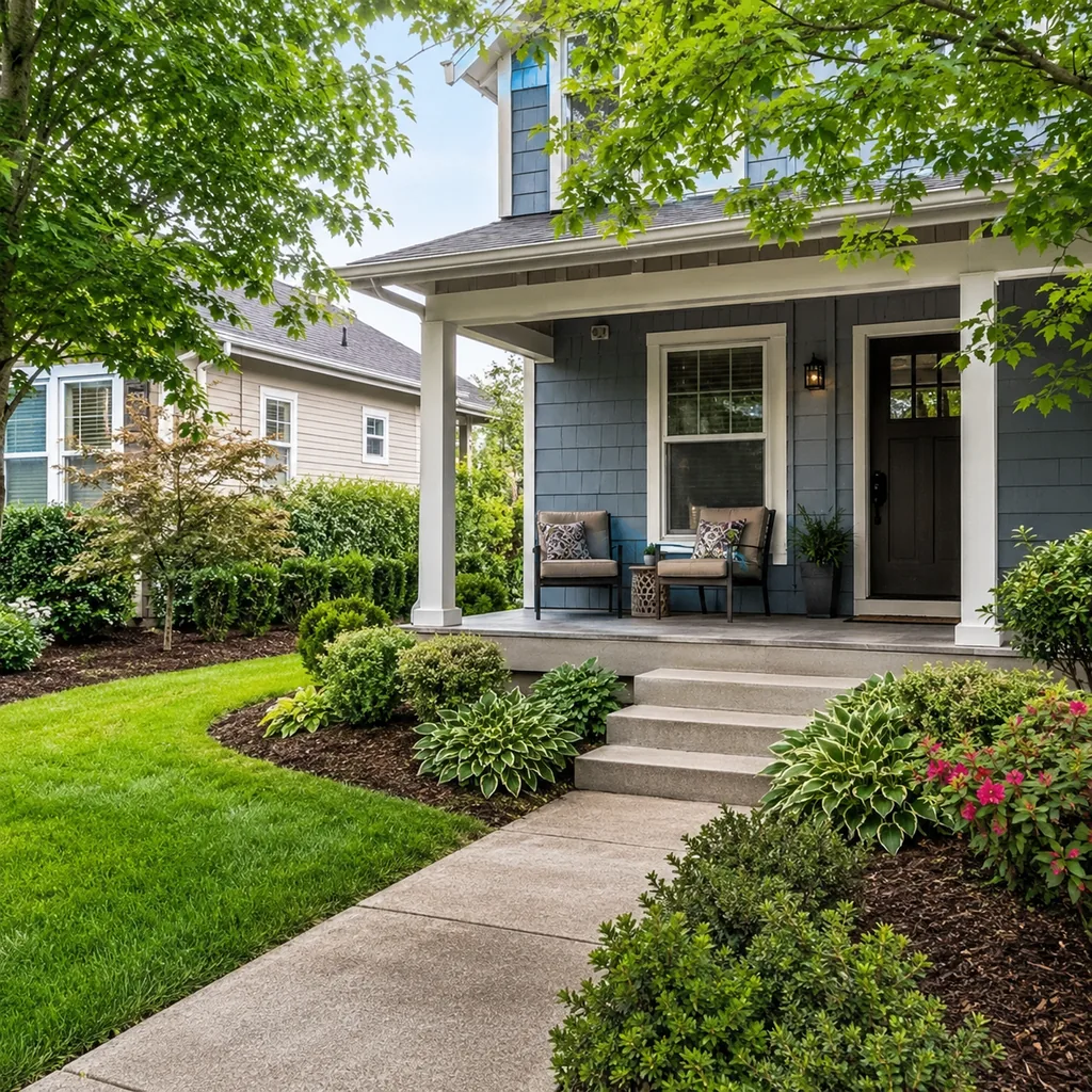 Realistic editorial photo of an American front yard with lawn, shrubs, walkway, mulch beds, trees, and a front porch showing no storage for cushions