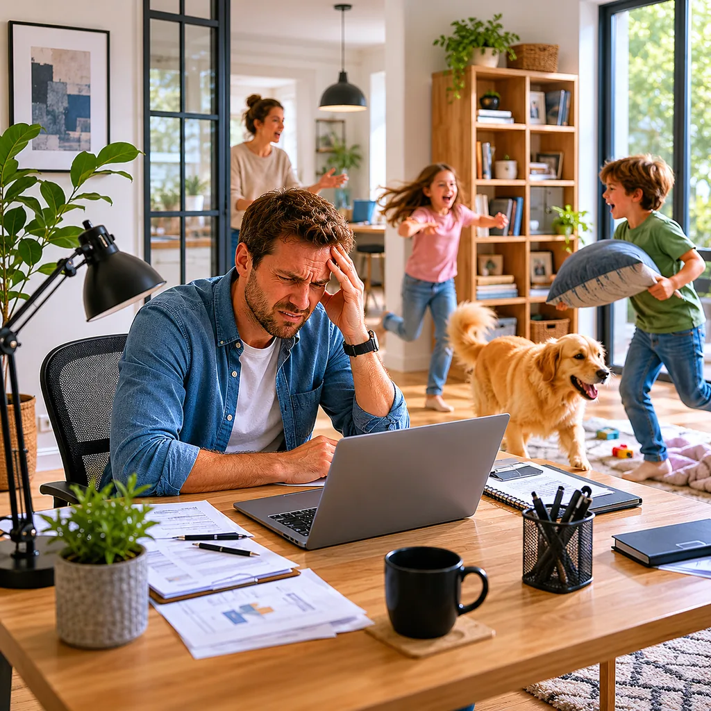 Realistic editorial photo of an American home office showing forgetting acoustic control