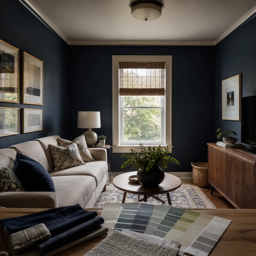 Realistic editorial photo of an American living room with paint swatches, sofa fabric, wall colors, and natural light showing navy used in a tiny, dark room