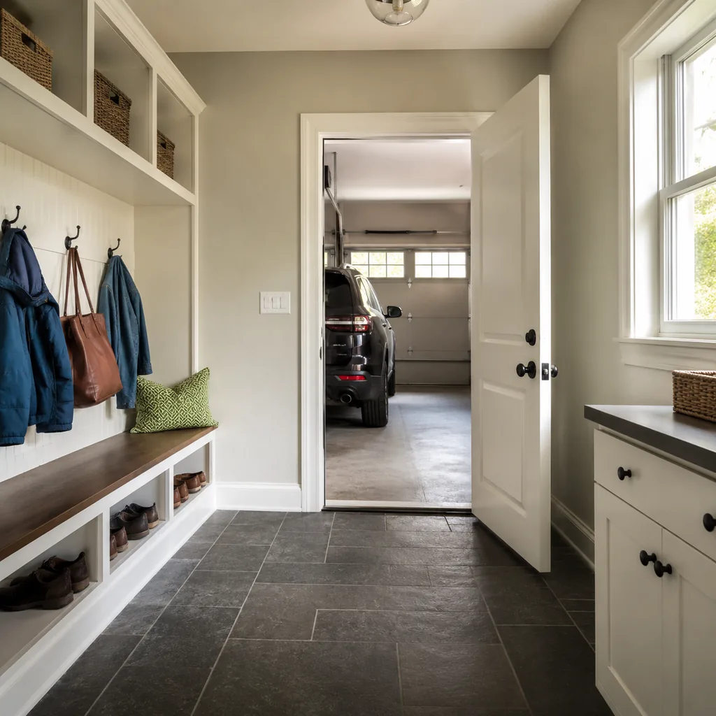Realistic editorial photo of an American mudroom showing ignoring garage entry path