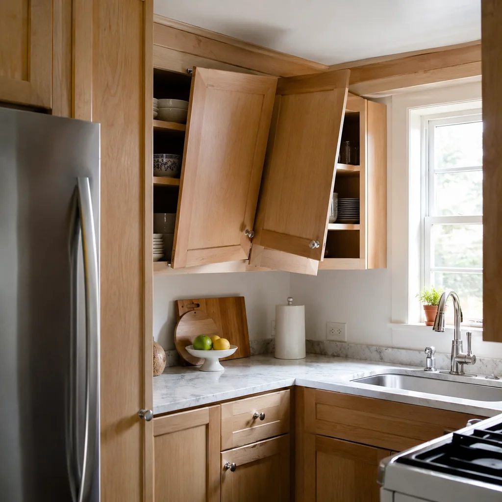 Realistic editorial photo of an American small kitchen showing letting cabinet doors fight each other