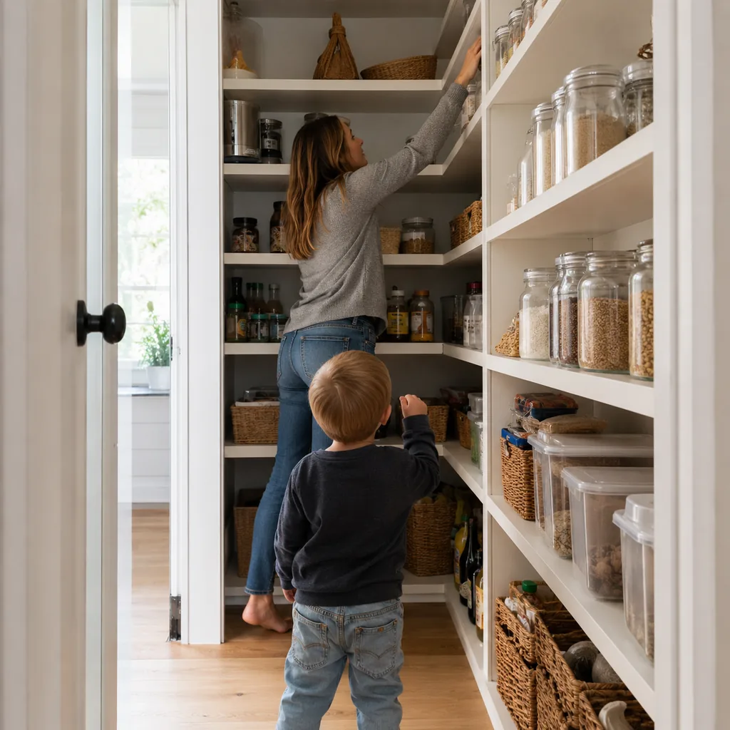 Realistic editorial photo of an American walk-in pantry showing forgetting kid access
