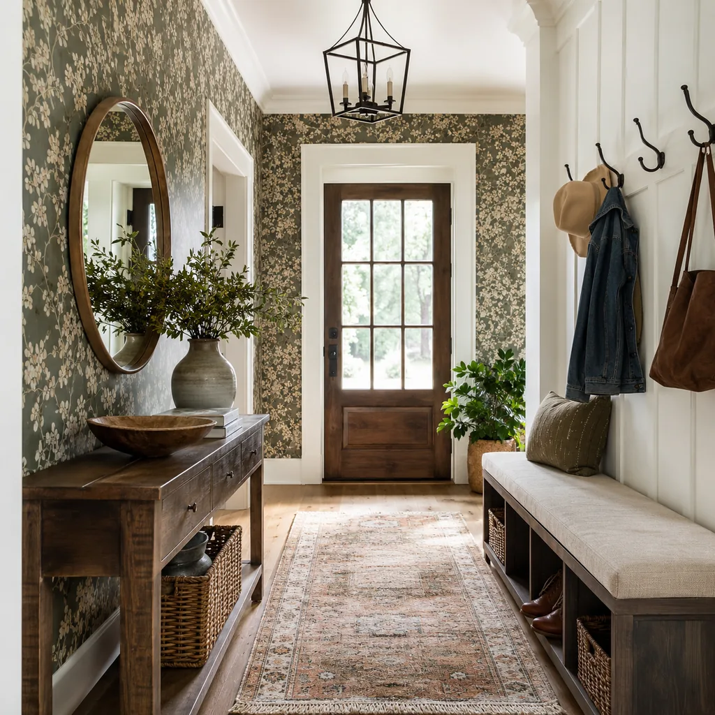 Realistic editorial photo of an entryway with console table, mirror, bench, hooks, rug, lighting, and storage showing wallpaper in a small, intentional area