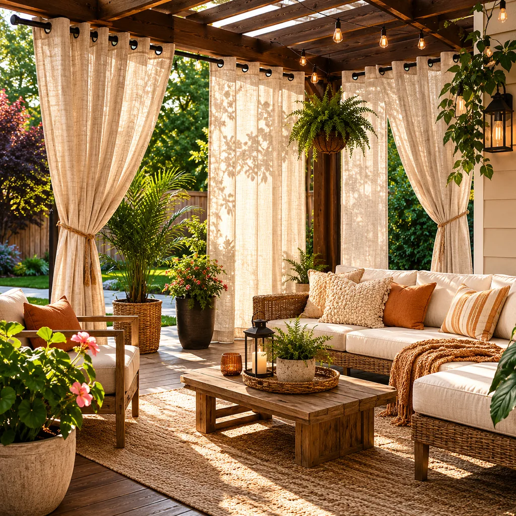 Realistic editorial photo of an outdoor patio with pergola curtains, seating, plants, fabric panels, and sunlight showing window treatment ignoring the view