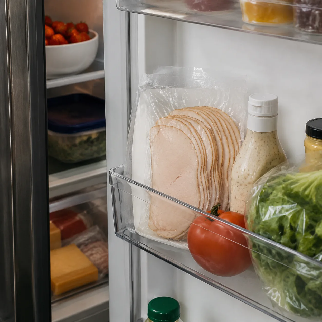 Realistic editorial photo of deli turkey package in a refrigerator door shelf, sandwich ingredients nearby, slightly ope