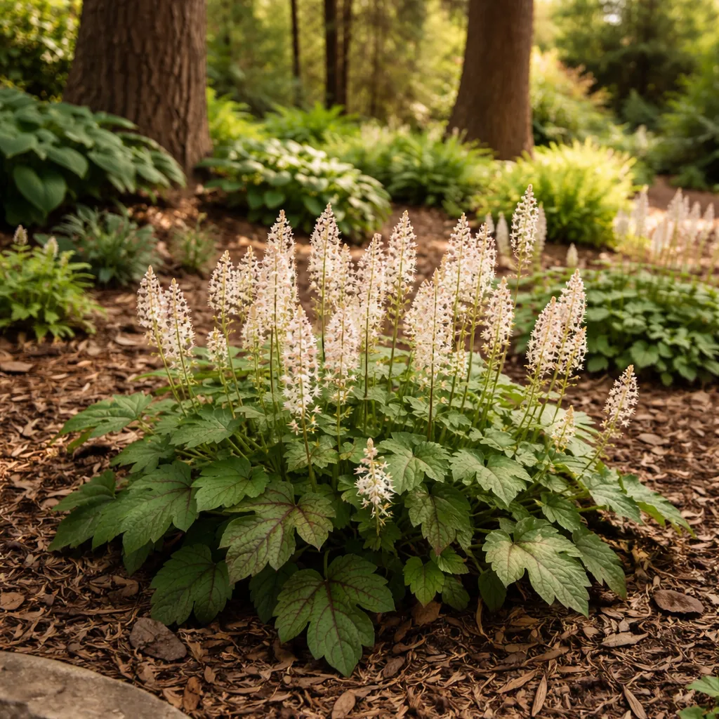 Realistic editorial photo of Foamflower growing in dry shady side yard under mature trees planted with shade tolerant pl