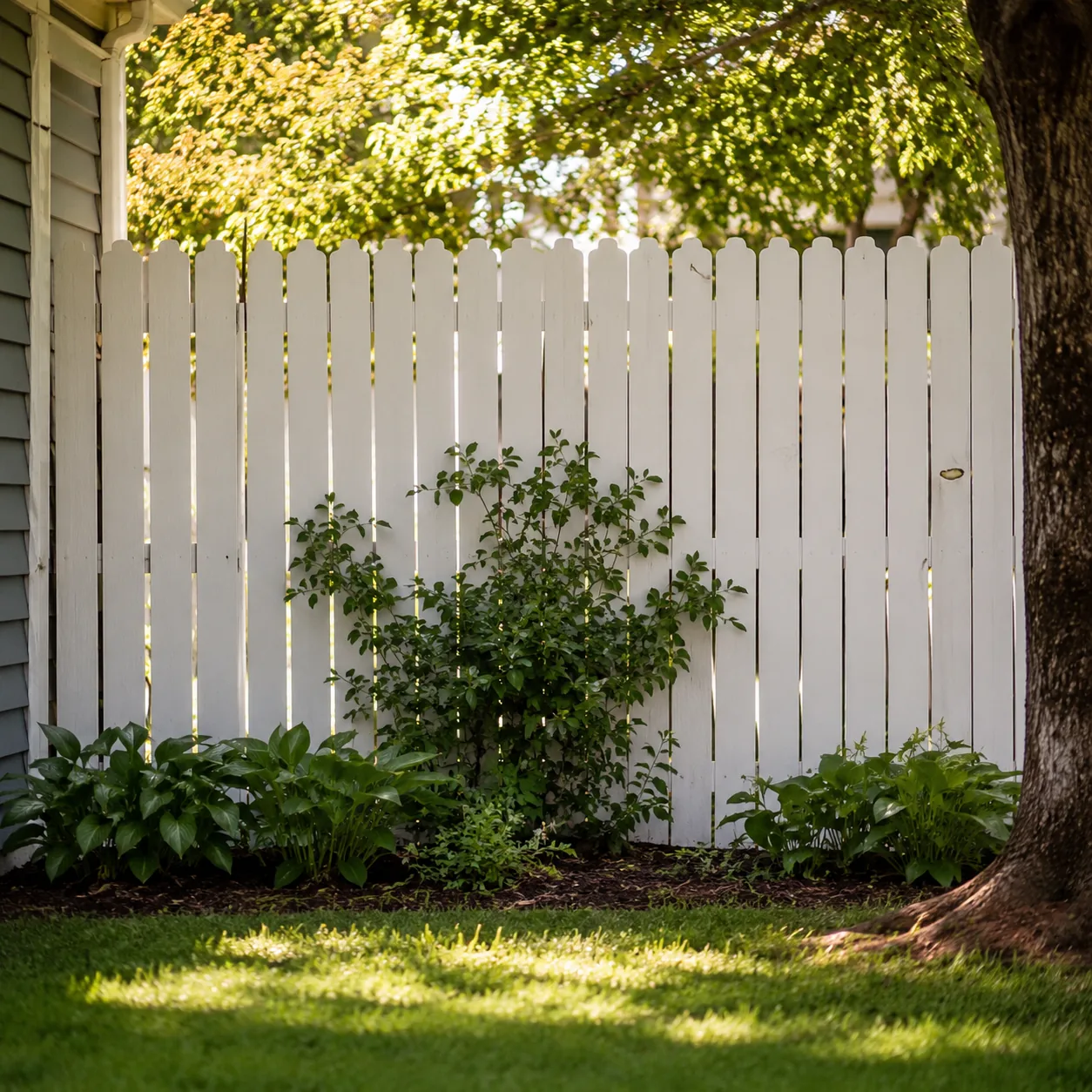 Realistic editorial photo of painted picket section in an ordinary backyard needing privacy, realistic editorial photo, 