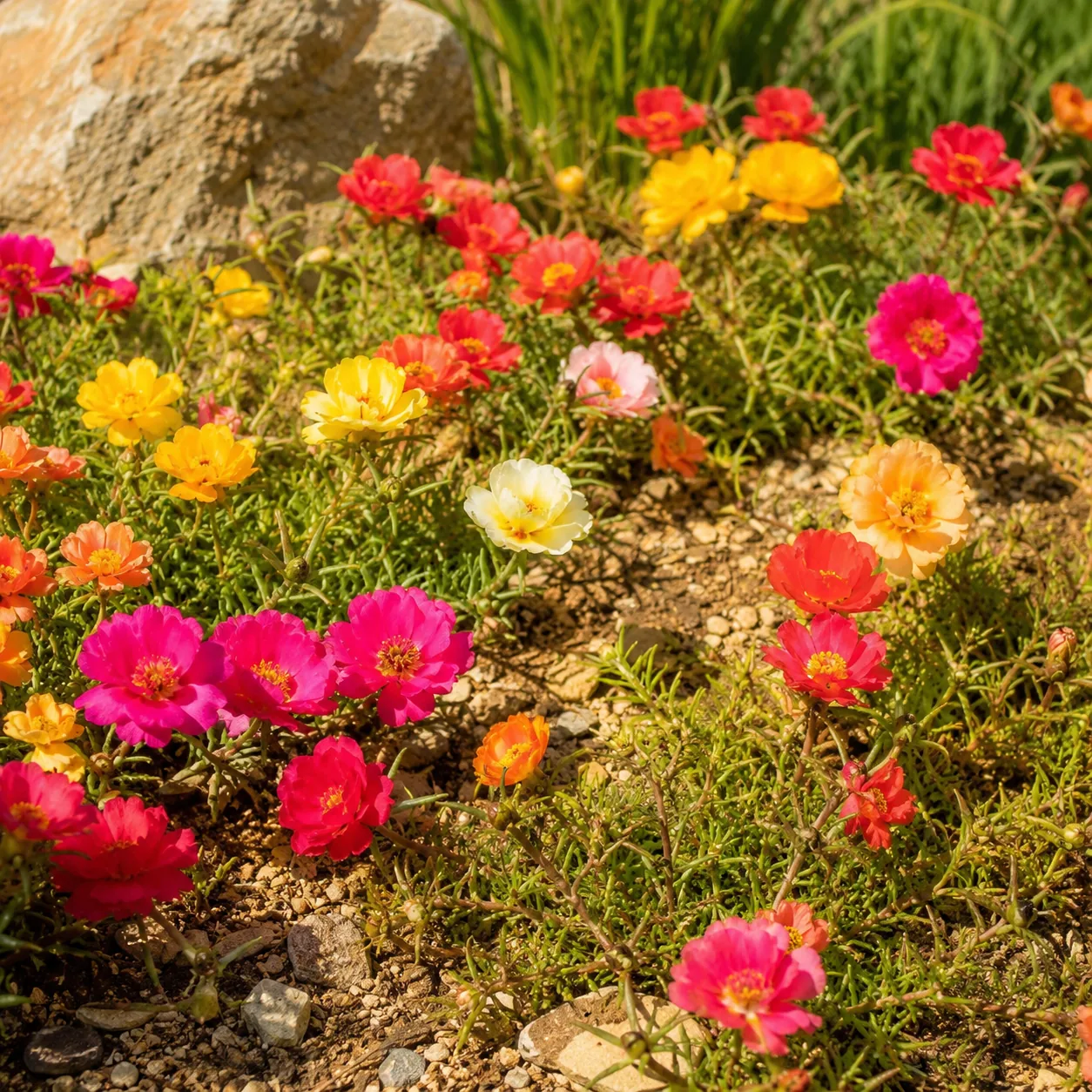 Realistic editorial photo of Portulaca growing in sunny drought tolerant flower bed in summer heat, realistic editorial 