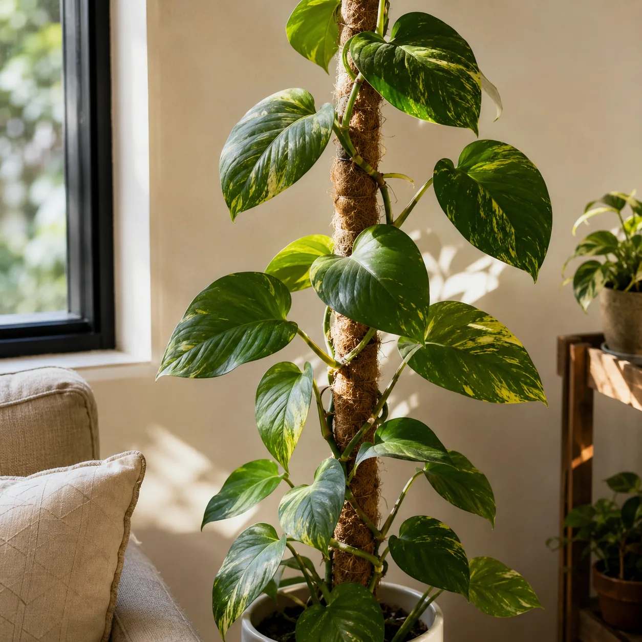 Realistic editorial photo of pothos vines trained upward on a simple moss pole with larger leaves, warm natural light, p
