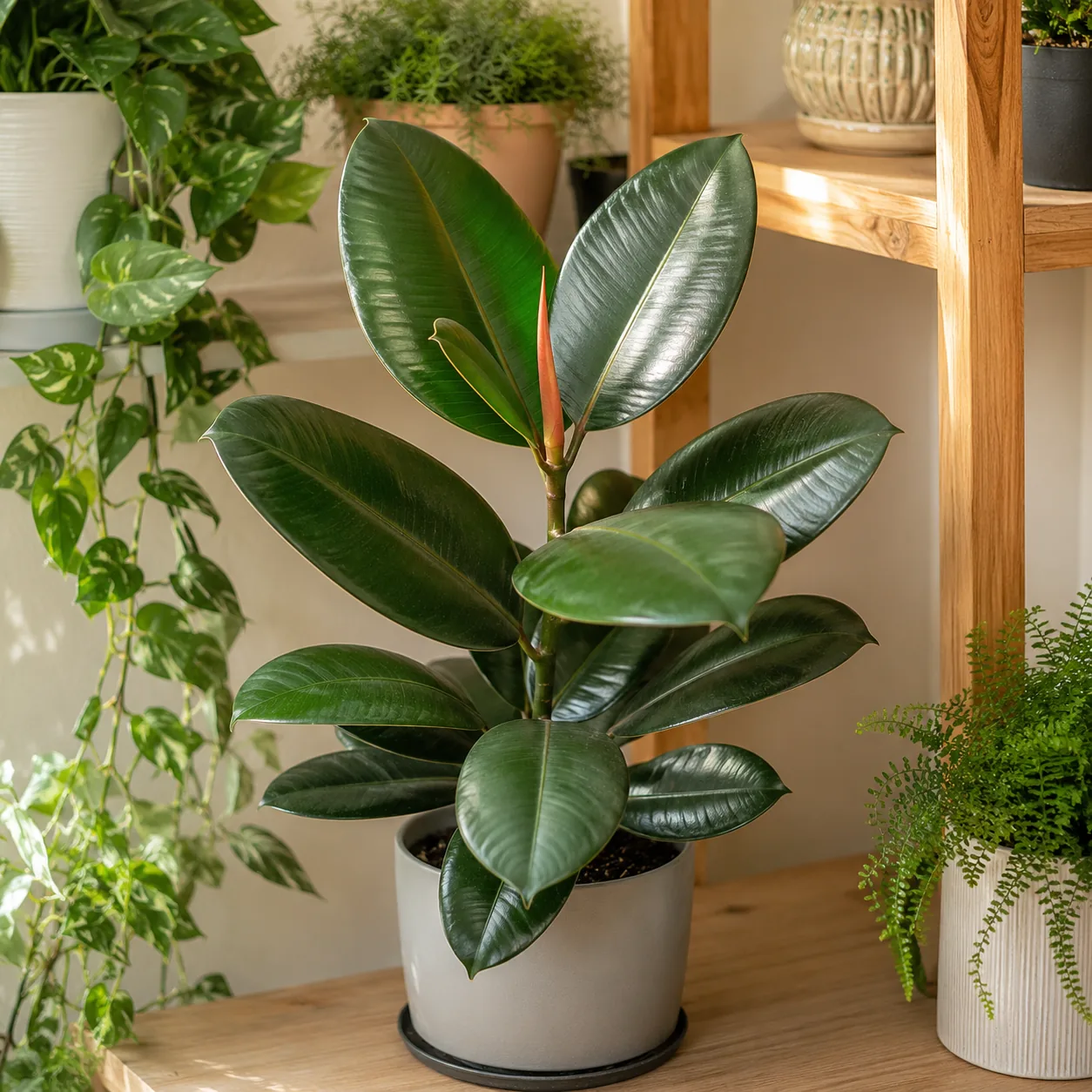 Realistic editorial photo of Rubber plant growing in bright indoor shelf with low maintenance houseplants, realistic edi