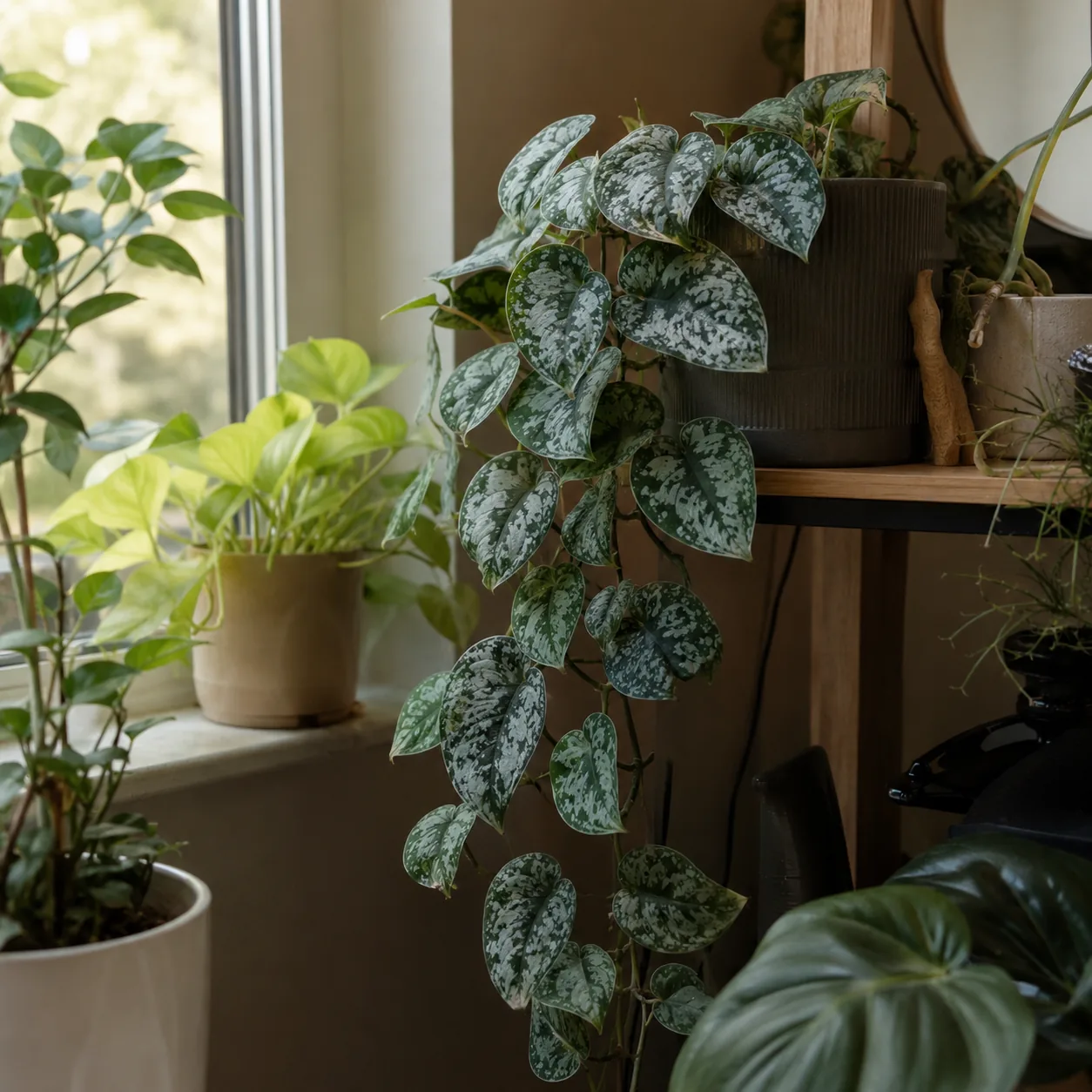 Realistic editorial photo of Scindapsus pictus growing in low light room corner with houseplants near a window, realisti