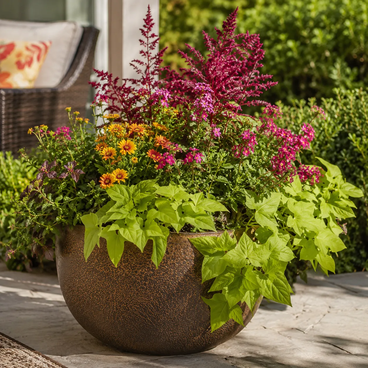 Realistic editorial photo of Sweet potato vine growing in sunny patio containers with heat tolerant flowering plants, re