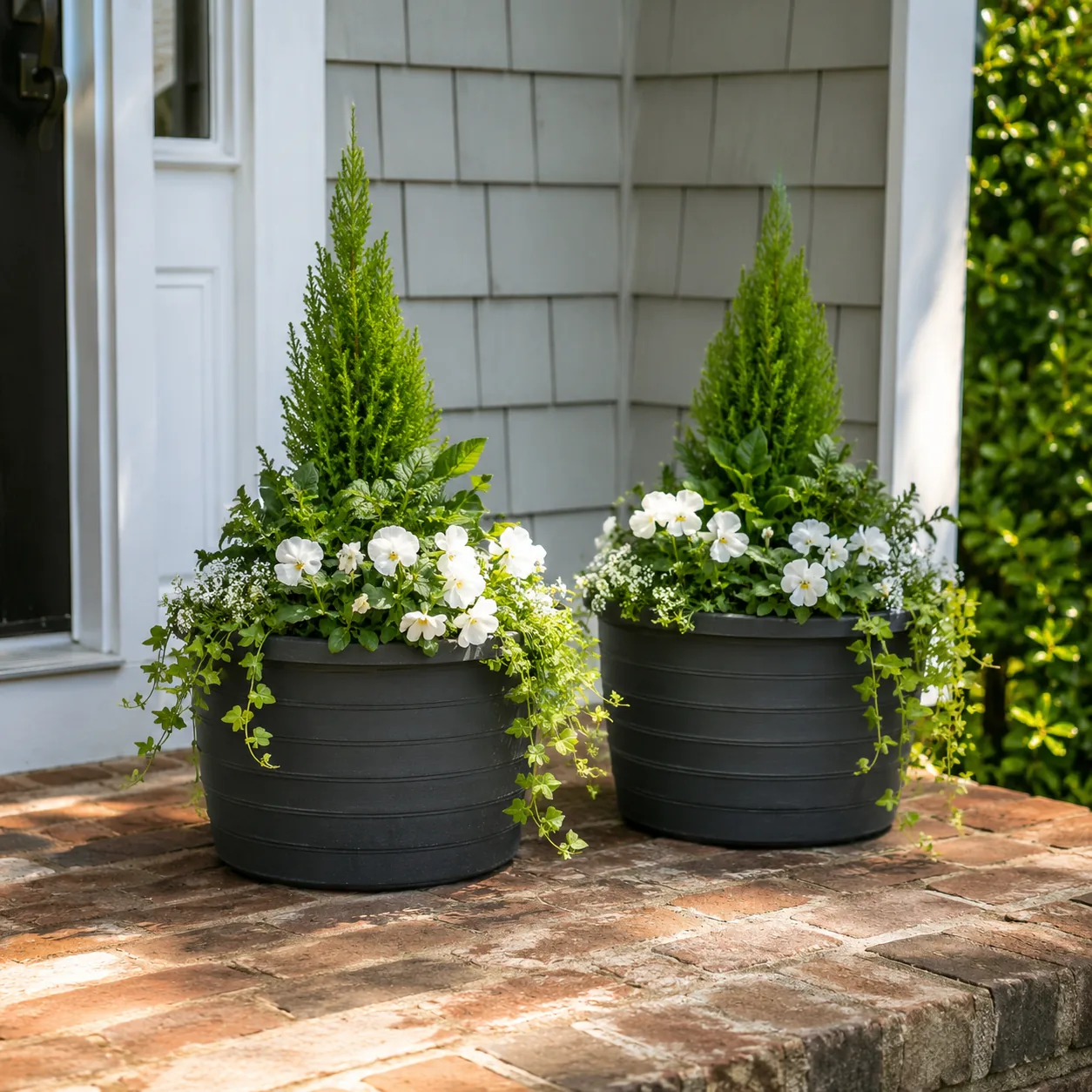 Realistic editorial photo of two matching porch planters in budget backyard weekend upgrade, realistic editorial photo, 