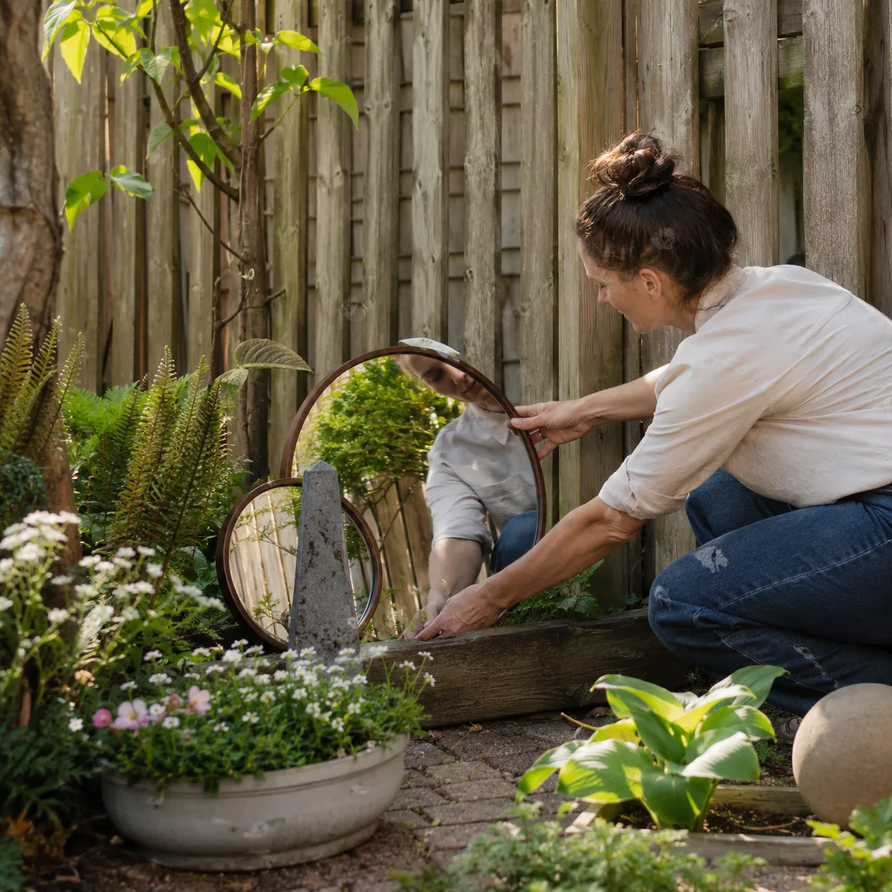 Realistic editorial photo of use mirrors carefully in small fenced backyard, realistic editorial photo, natural light, 1