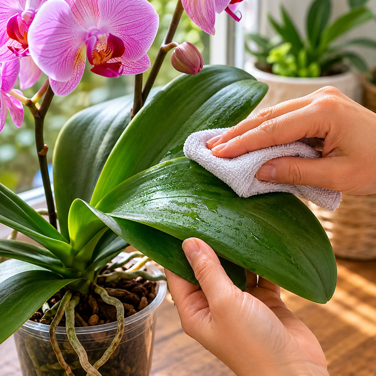 Realistic editorial photo of wiping broad orchid leaves clean with damp cloth, warm natural light, practical home garden