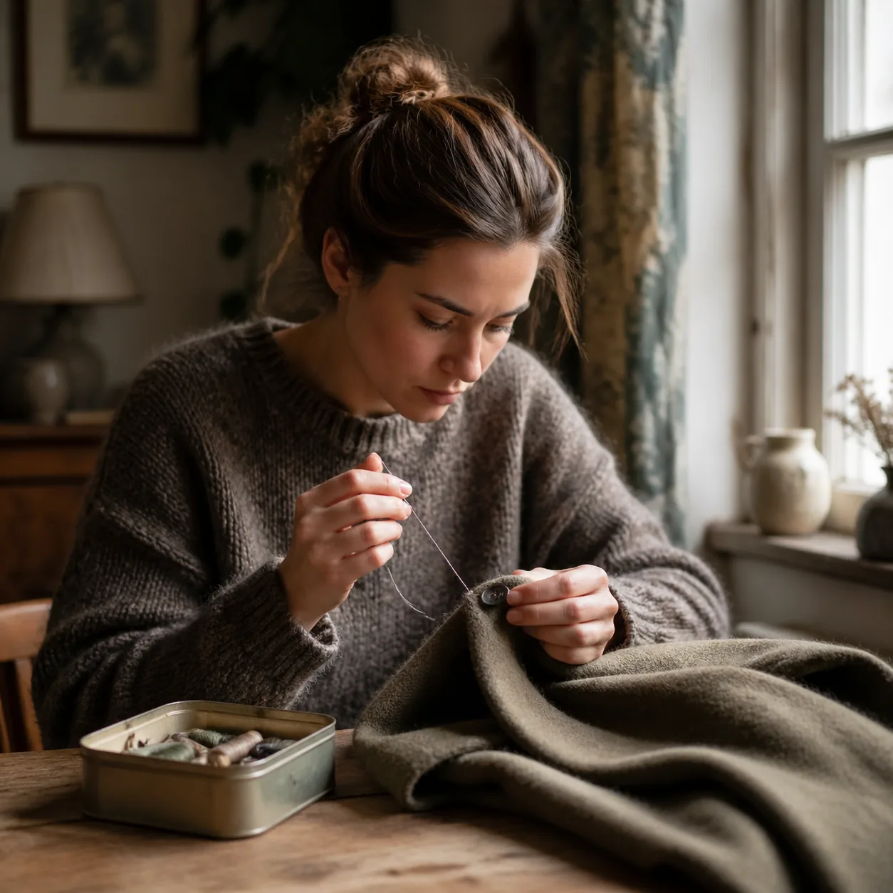 Warm editorial photo of a young woman concentrating as she sews a button onto a soft wool coat, needle and thread in han