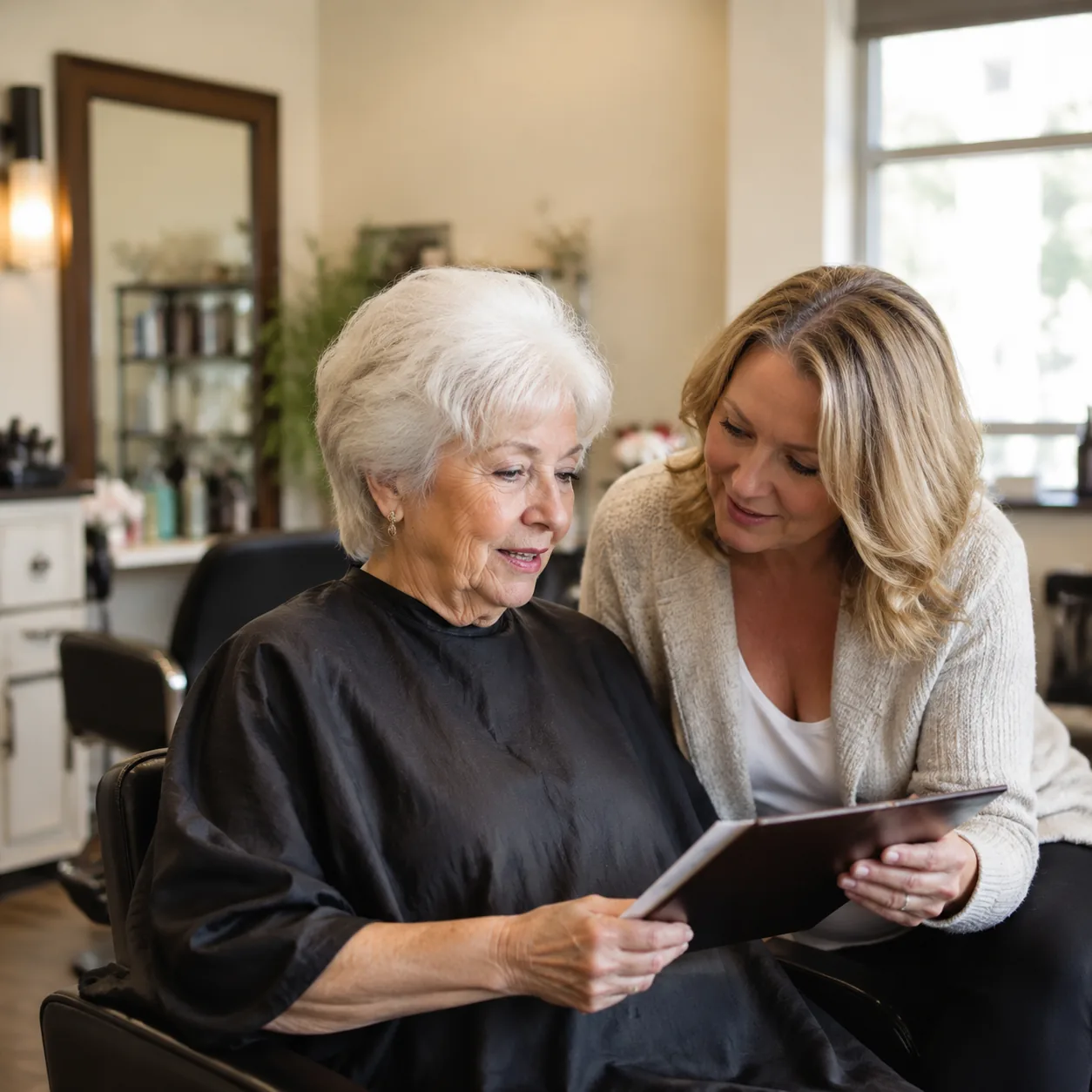 assisted living salon chair with older woman and daughter reviewing small service menu, realistic editorial lifestyle ph