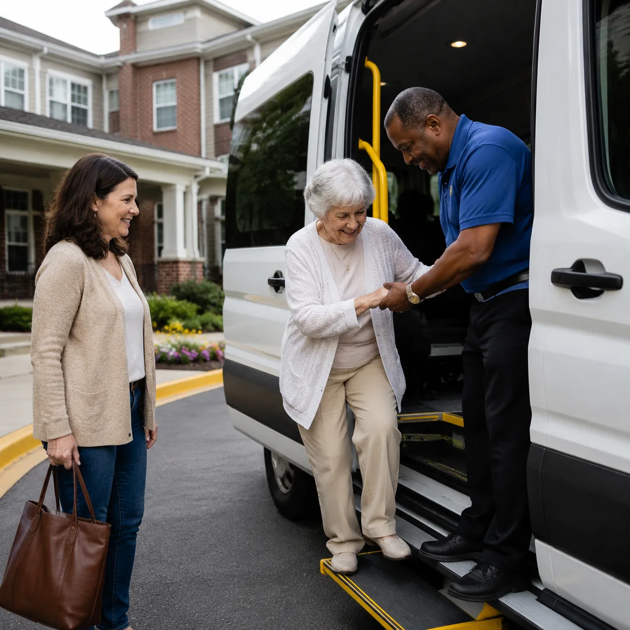 assisted living shuttle van with driver helping older resident while daughter watches, realistic editorial lifestyle pho