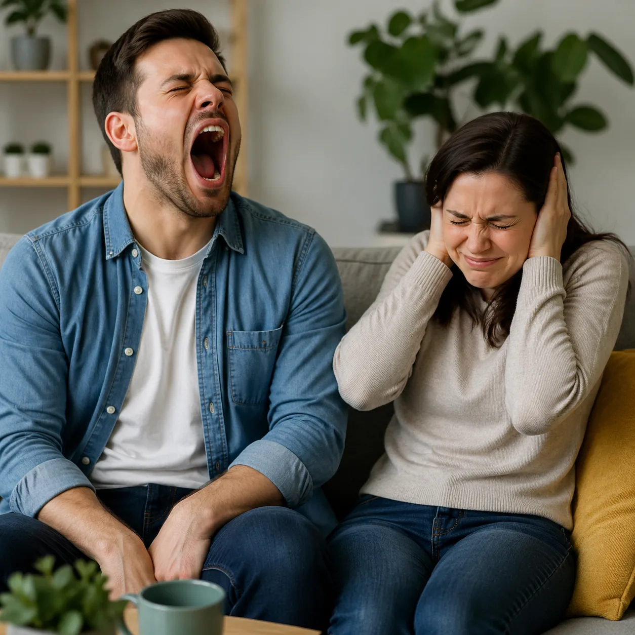 Funny realistic lifestyle photo of a husband mid-dramatic open-mouth yawn on the couch while his wife covers her ears pl
