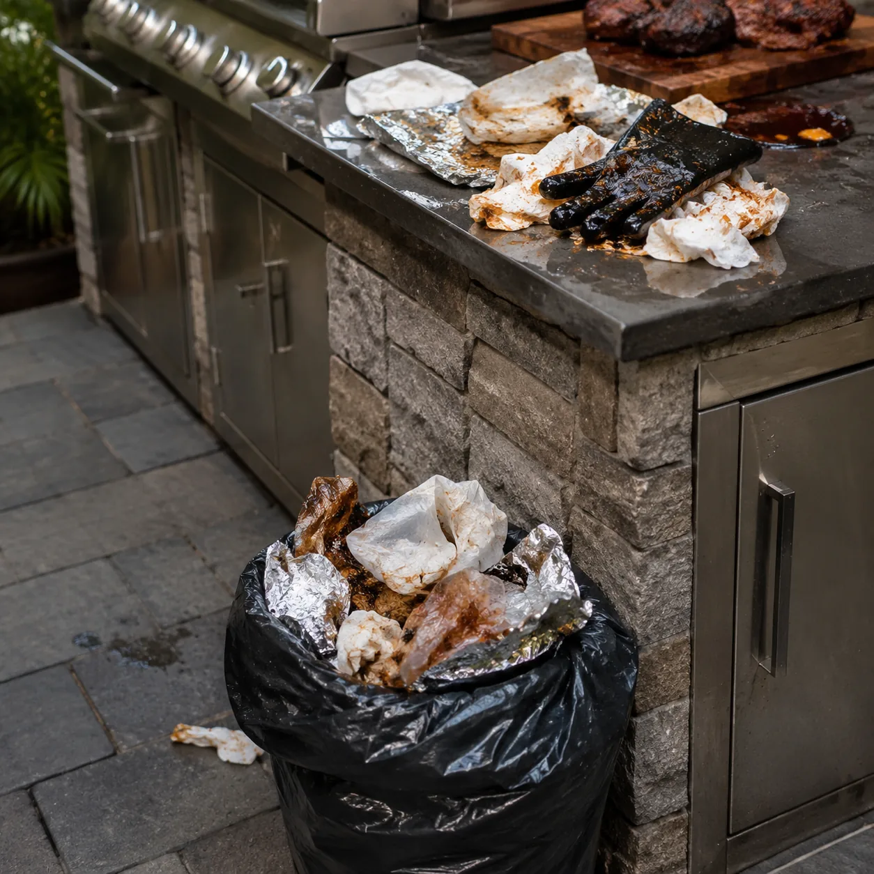 Realistic editorial outdoor barbecue prep area with overflowing small trash bag, greasy paper towels, foil, and sauce-st