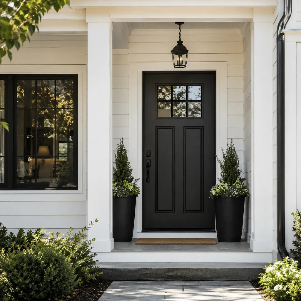 Realistic editorial photo of a black front door on an American home with trim, planters, hardware, and porch details showing enough negative space around the en